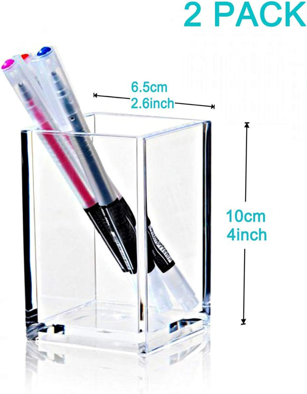 2 Pack Clear Acrylic Pencil Pen Holder Cup,Desk Accessories Holder,Makeup Brush Storage Organizer,Modern Design Desktop Stationery Organizer for