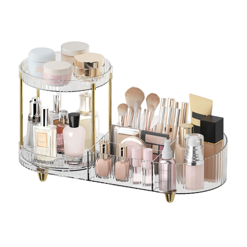 Makeup Organizer Countertop for Vanity, Rotating Perfume Tray with 5-Compartment Cosmetic and Skincare Organizers, Multi-Purpose Desk Storage