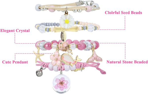 4 Pcs Beaded Cute Bracelets for Teen Girls Women, Dainty Cute Cartoon Crystal Beads Pearl Stretch Charm Handmade Adjustable Anklets Bracelet Set