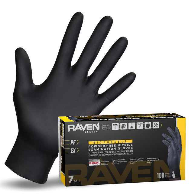 Raven Powder Free Nitrile Disposable Gloves 7 Mil - XL Latex Free, Chemical + Pu
