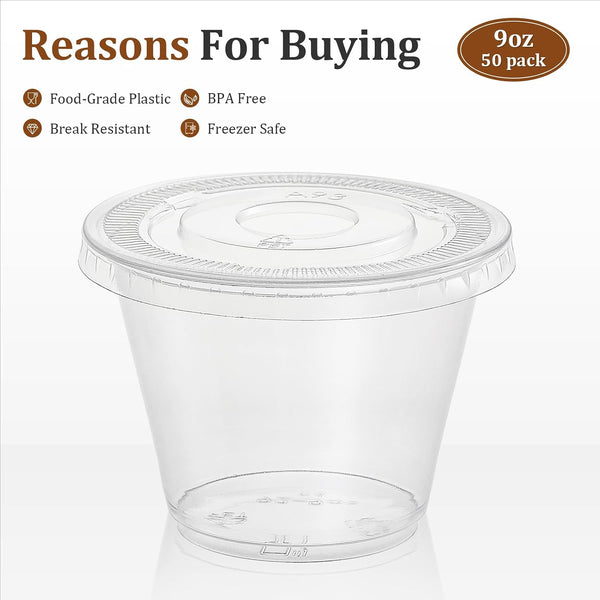 AOZITA [50 Sets, 9 oz Clear Plastic Cups With Flat Lids No Hole, Disposable Cups With Lids for Ice Cream, Pudding, Cake, Snacks Smoothie,