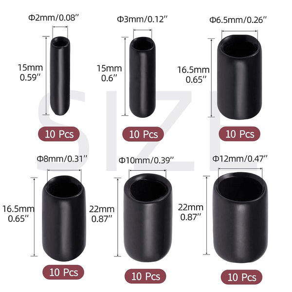 Aleric Rubber End Caps - 60pcs Flexible Screw Thread Protector Covers Rubber Bolt Covers Caps for Metal Tube Rod in 6 Sizes
