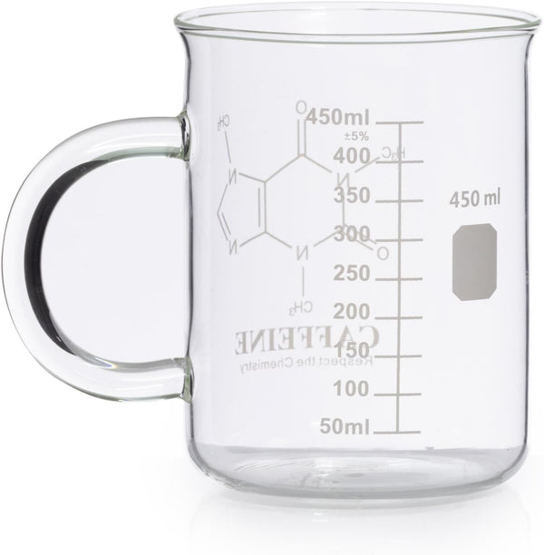 Caffeine Beaker Mug, Caffeine Molecule Mug - Chemistry Mug 16 oz Borosilicate Glass Coffee Mugs with Handle and Measuring for Coffee, Latte, Tea