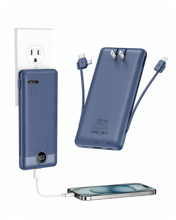 VRURC Portable Charger Built-In Cables and AC Wall Plug, USB C Power Bank 10000Mah, Travel Essentials Phone Charger Compact Lightweight External