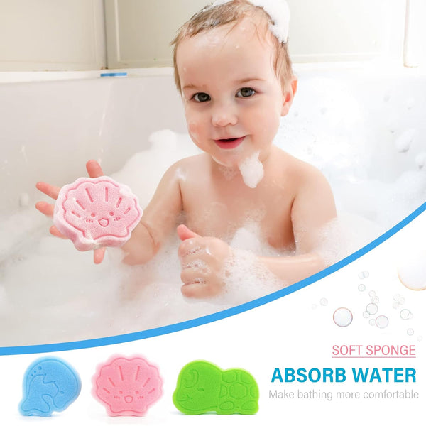Baby Bath Sponge, Natural Cute Shapes Soft Shower Sponges for Bathing, Bathtub Foam for Infants and Toddler, 3pcs : Blue Dolphin, Pink Shell,