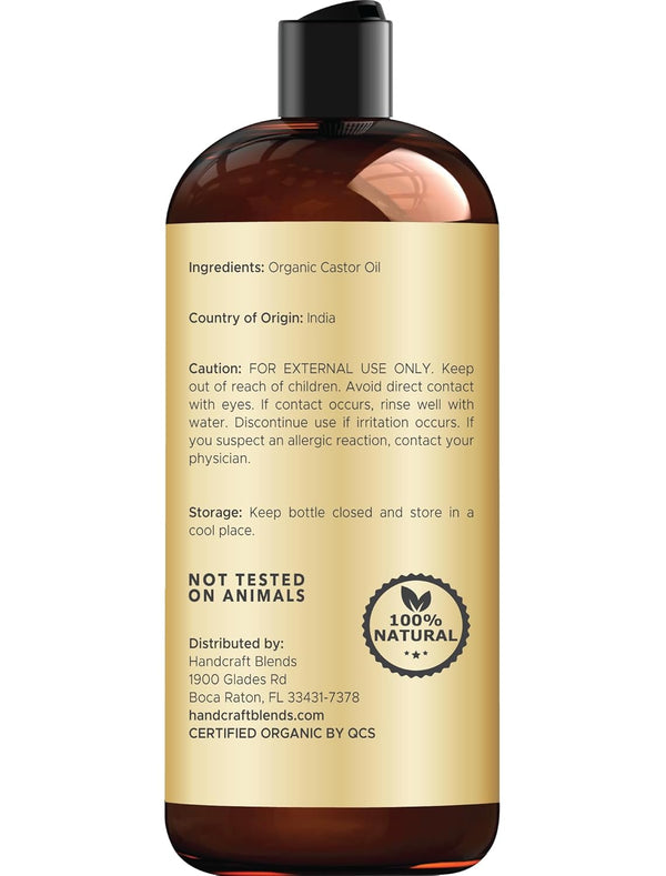 Handcraft Blends Organic Castor Oil - 16 Fl Oz - 100% Pure and Natural - Premium Grade Carrier Oil for Hair Growth, Eyelashes and Eyebrows - Hair