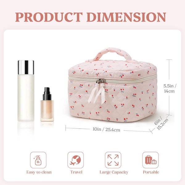 Prite Quilted Makeup Bag Travel Toiletry Organizer for Women (Cherry)