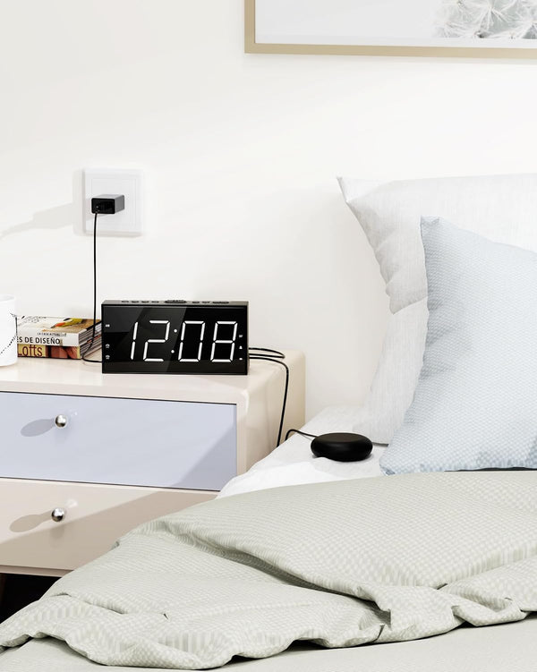 Loud Alarm Clock with Bed Shaker for Heavy Sleeper, Dual Vibrating Alarm Clock with USB Charger for Hard of Hearing/Deaf, 7.5’’ Large LED Display