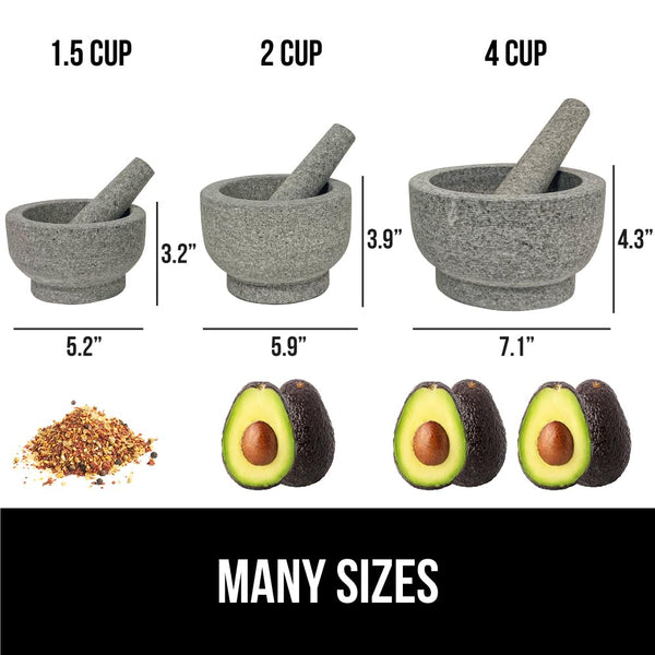 GORILLA GRIP 100% Natural Granite Stone Mortar and Pestle Set, 2 Cup, Non-Scratch Base, Heavy Duty Unpolished Molcajete Guacamole Salsa Bowl,