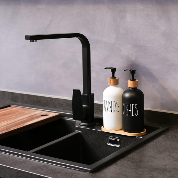 MOMEEMO Soap Dispenser Set, Contains Hand and Dish Soap Dispenser, Suitable for Kitchen Decor. (Black & White) Hd Black White & Tray