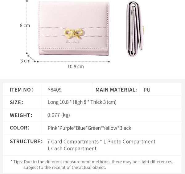 Cute Wallet Coquette Bow Small Wallet Tri-folded Aesthetic Bifold RFID Blocking Card Holder Leather Mini Short Coin Purse with ID Window for Women