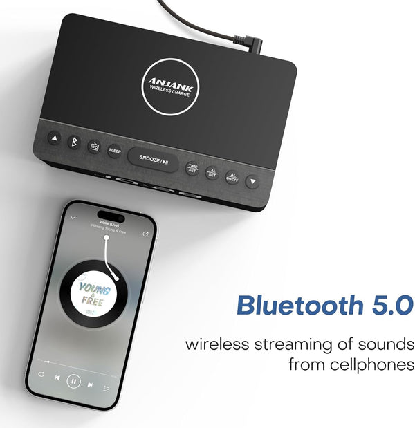 ANJANK Wooden Bluetooth Speaker Alarm Clock with Fm Radio, Wireless Charging Station for iPhone/Samsung, USB Charger Port, Dimmable Display, Sleep
