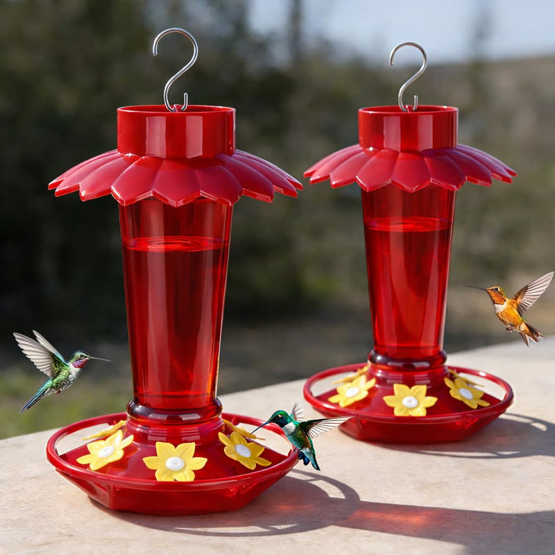 Fchstaer Plastic Hummingbird Feeders for Outdoors Hanging, 2 Pack 10 OZ Red Humming Bird Feeder with 6 Feeding Ports and Perch, Built-in Ant Moat,