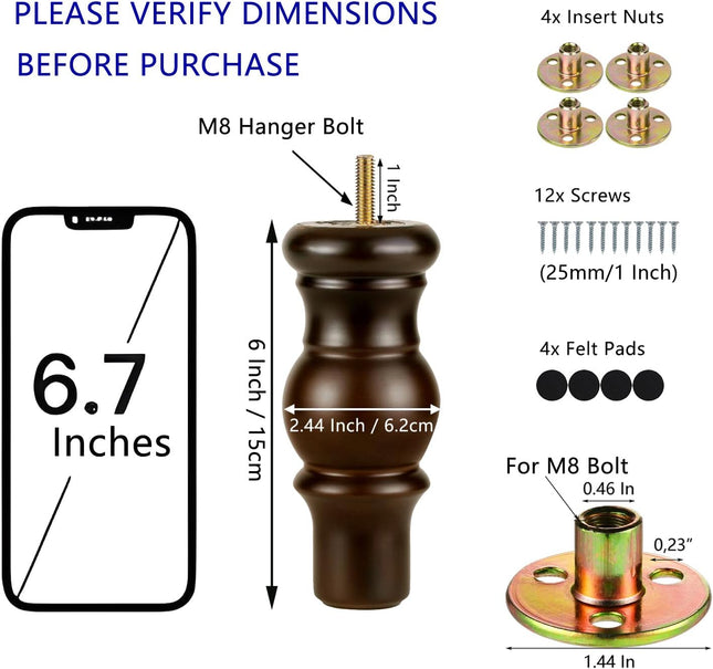 Maricome 6 Inch Wood Sofa Legs Walnut Turned round Bun Wooden Furniture Legs Set of 4