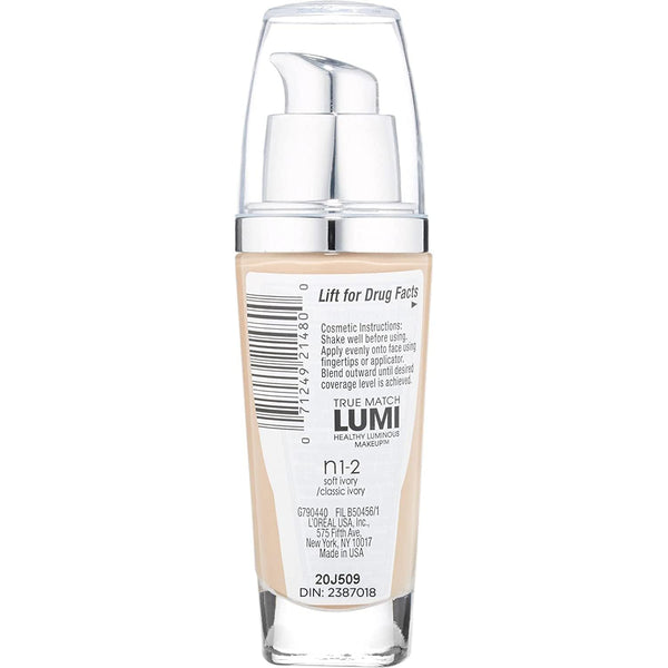 L'Oreal Paris True Match Lumi Healthy Luminous Makeup, N1-2 Soft Ivory Classic Ivory , 1 Fl; Oz.