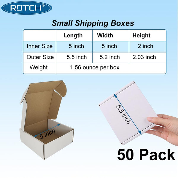 ROTCH 50 Pack 5X5X2'' Small Shipping Boxes, Cardboard Corrugated Mailers, White (M552-E-W)