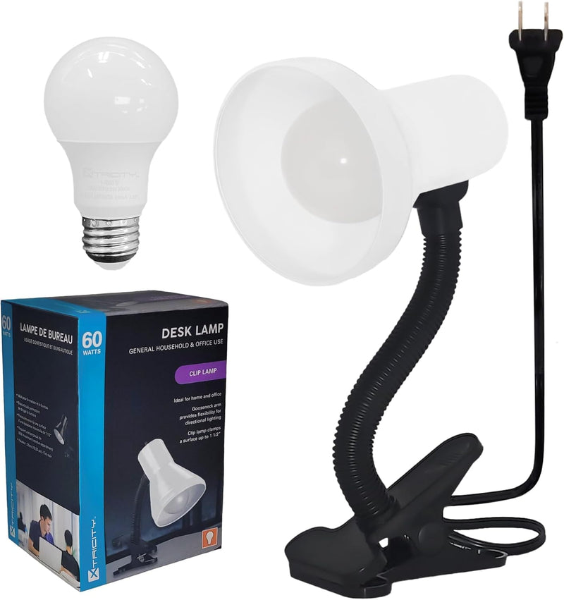 Xtricity LED Clip on Desk Lamp with 360° Flexible Gooseneck, White Finish | Reading Light for Bed Headboard– A19 Bulb Included, 120V, On/Off