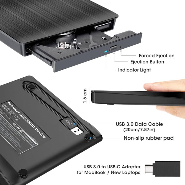 ROOFULL External CD DVD Drive for Laptop, USB 3.0 Type-C Portable CD/DVD Player Burner Reader Writer Adapter for Windows 11/10 Computer Mac