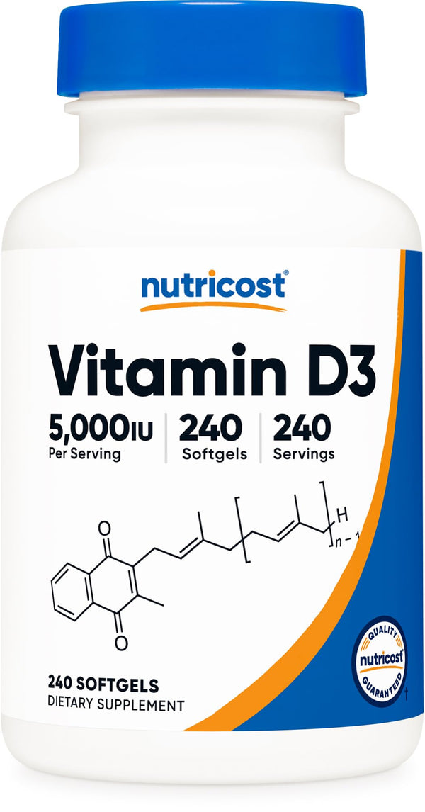 Nutricost Vitamin D3 5,000 IU (125mcg), 240 Softgels, GMO-Free 240 Count (Pack of 1)