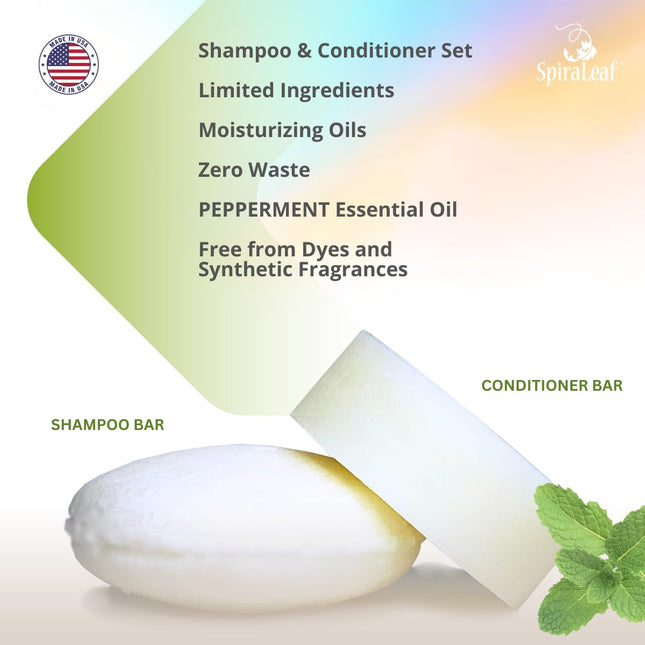 Spiraleaf Shampoo Bar & Conditioner Bar Set, PEPPERMINT Pure Essential Oils, Lig