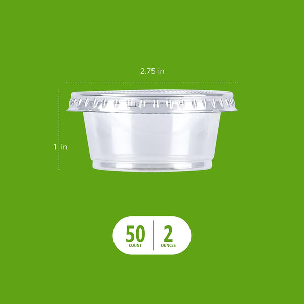 Amazon Basics Disposable Plastic To-Go Cups and Lids, Mini, 2oz, 50 Count, BPA Free, for Condiment, Salad Dressing, Sauces, Jello Shots 2 Ounces