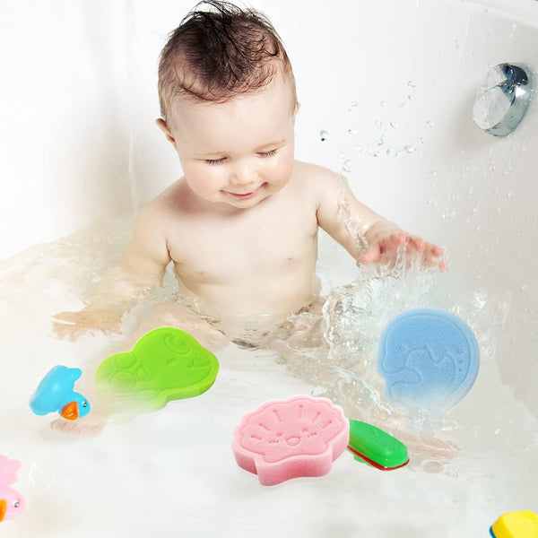 Baby Bath Sponge, Natural Cute Shapes Soft Shower Sponges for Bathing, Bathtub Foam for Infants and Toddler, 3pcs : Blue Dolphin, Pink Shell,
