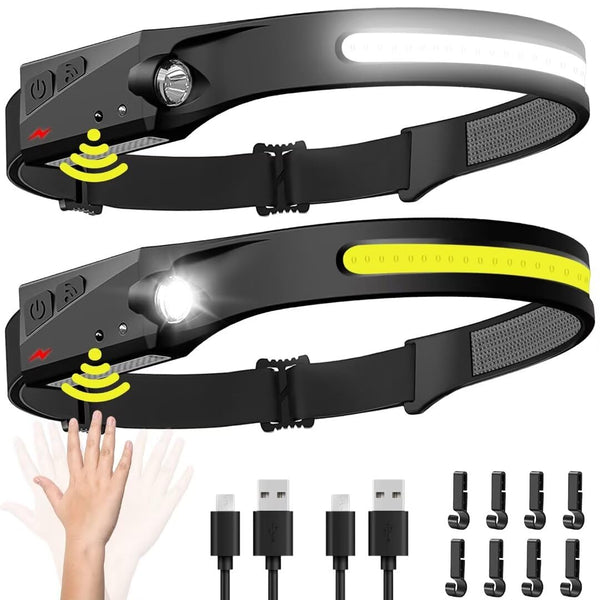 Headlamp Rechargeable 2PCS, 230° Wide Beam Head Lamp LED with Motion Sensor for Adults - Camping Accessories Gear, Waterproof Head Light