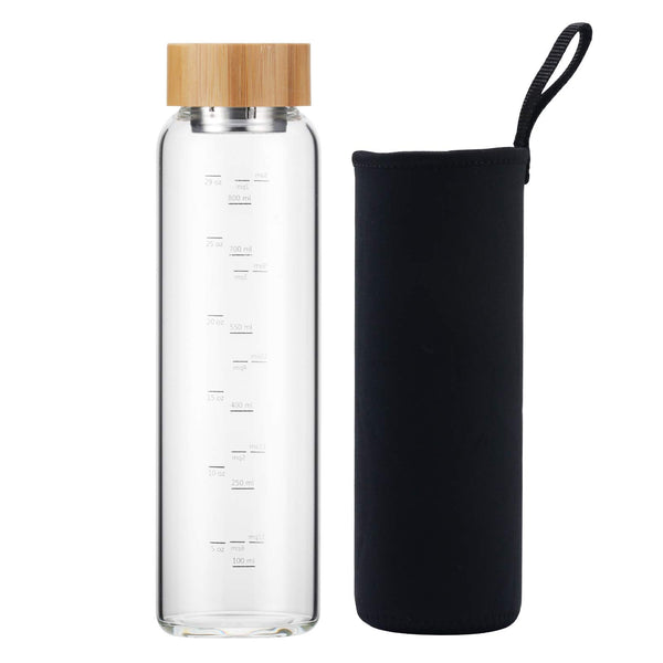Sunkey Glass Water Bottle 32 Oz Wide Mouth with Sleeve Bamboo Lid Motivational Water Bottle with Time Marker Reusable Safe for Hot Cold Drinks Bpa