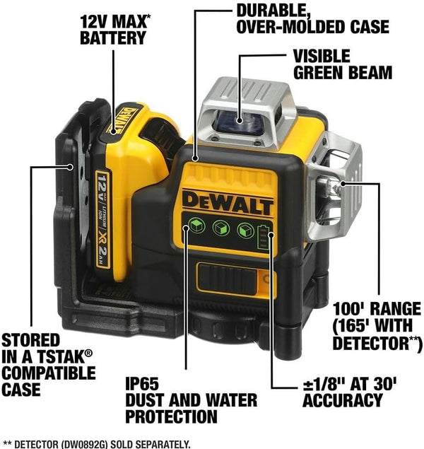 DEWALT Laser Level 360 Self Leveling, 3 Way Green Laser Leveler Tool 12V MAX with 2.0Ah Battery, Charger and Durable Carrying Case, 100 Ft, Tripod