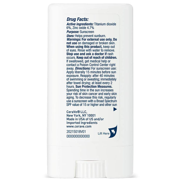 Cerave Mineral Sunscreen Stick SPF 50, Broad Spectrum SPF + Hyaluronic Acid + Ceramides, Titanium Dioxide & Zinc Oxide, 100% Mineral Face