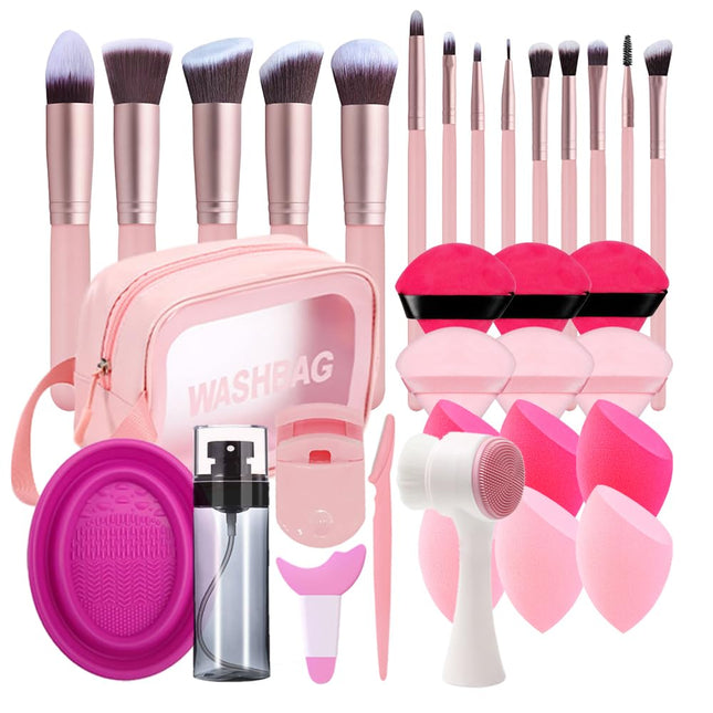 33PCS Makeup Foundation Brushes Tool Set with Sponges, Eyelash Curlers, Powder Puffs, Silicone Washing Bowls, Eye Aids, 