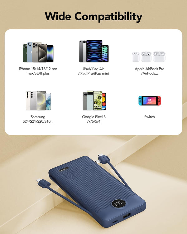 VRURC Portable Charger Built-In Cables and AC Wall Plug, USB C Power Bank 10000Mah, Travel Essentials Phone Charger Compact Lightweight External