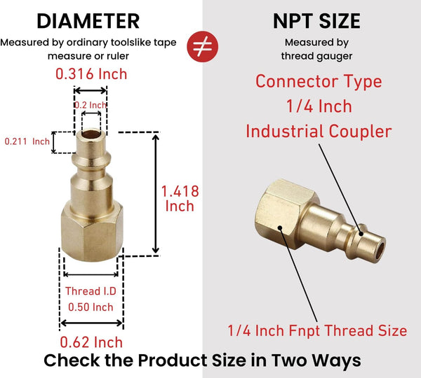 Air Hose Fittings Quick Connect 1/4 Inch NPT | Brass Female Air Coupler Plug, 10 Piece, Industrial Type D, Air Compressor Fittings Female Plug 10