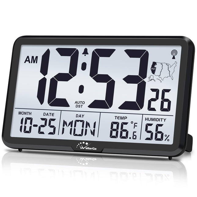 Wallarge Atomic Clock with Indoor Outdoor Temperature, Self-Setting Digital Wall Clock Battery Operated, 4 Time Zones, D