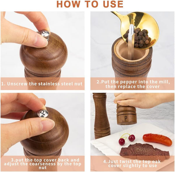 Wood Salt and Pepper Grinder Set, Salt Mill Pepper Grinder Set, Pepper Mill, Salt Shakers with Adjustable Ceramic Rotor- Oak Wood Pepper Grinder