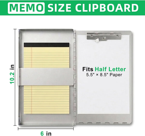 Small Aluminum Clipboard with Storage (Memo Size), 6 x 10.2 Inches, Recycled Metal Snapak Form Holder Binder with Inside Serrated Clip Posse Box,