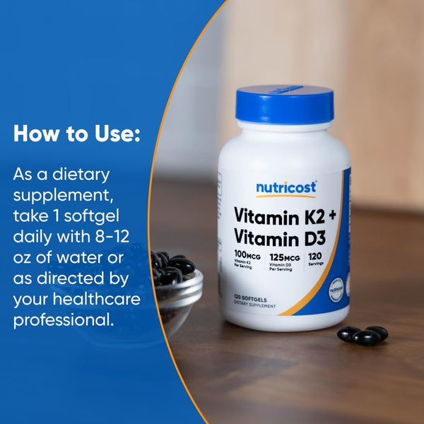 Nutricost Vitamin K2 (MK7) (100Mcg) + Vitamin D3 (5000 IU) 120 Softgels - Gluten Free and Non-Gmo