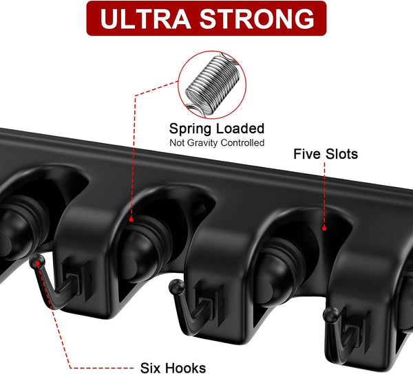 LETMY Broom Holder Wall Mount - Mop and Broom Hanger Holder - Garage Storage Rack & Garden Tool Organizer - 5 Position 6 Hooks Broom Rack for