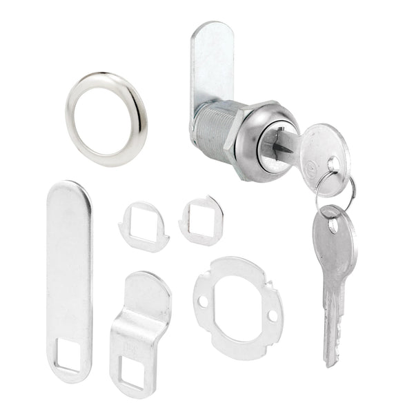 Prime-Line U 9943 Diecast Drawer & Cabinet Lock, 7/8 in., Stainless Steel | 3 Cams, Includes Trim Collar, 2 Washers, 2 Keys & Fasteners, For 9/16