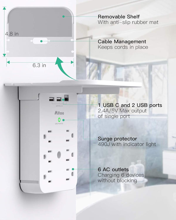 Wall Outlet Extender with Surge Protector, 6 AC Outlets, with Shelf 3 USB White