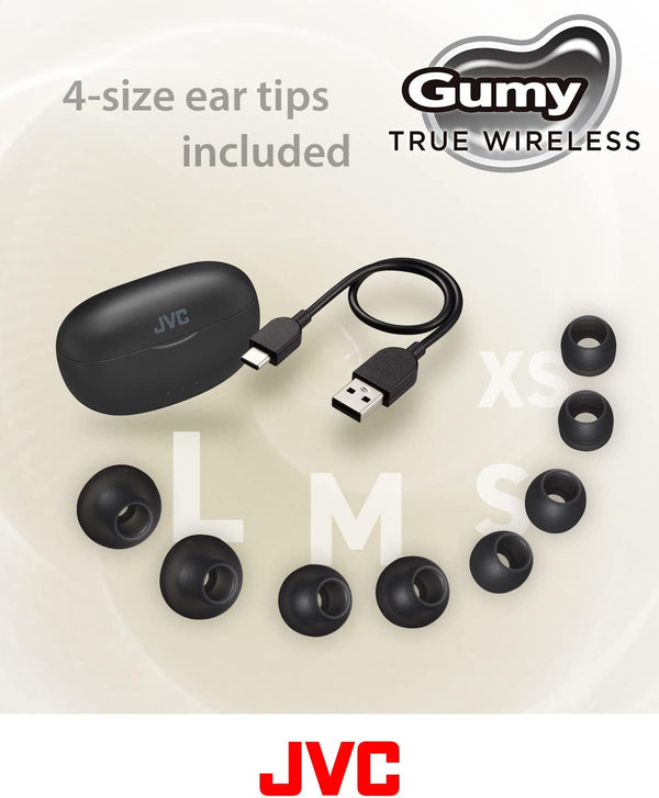JVC Gumy HAA7T2B True Wireless Earbuds, Black | Bluetooth 5.3, 24-Hour Playback, IPX4 Water Resistant, XS/S/M/L Earpieces, Built-in Mic Black Compact