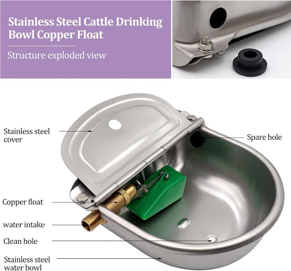 Automatic Dog Water Bowl Dispenser with Brass Float Valve and Drain Hole, 304 Stainless Steel Dog Water Dispenser Livestock Waterer for Dog