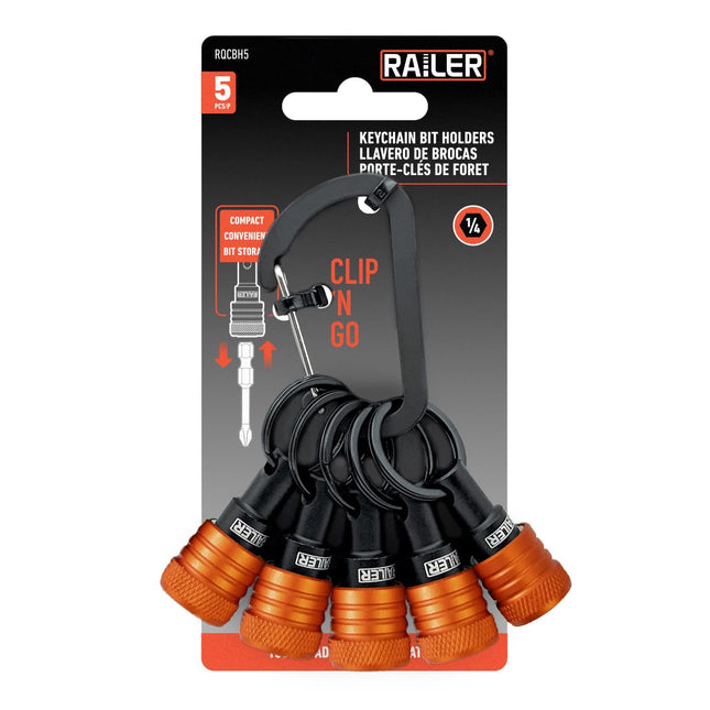 Railer Bit Holder Keychain 5Pc - 1/4 Inch Hex Shank Bit Holders - Quick Release Bit Holder for Nut Driver, Screwdriver &