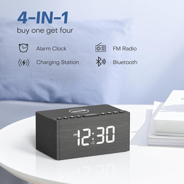 ANJANK Wooden Bluetooth Speaker Alarm Clock with Fm Radio, Wireless Charging Station for iPhone/Samsung, USB Charger Port, Dimmable Display, Sleep