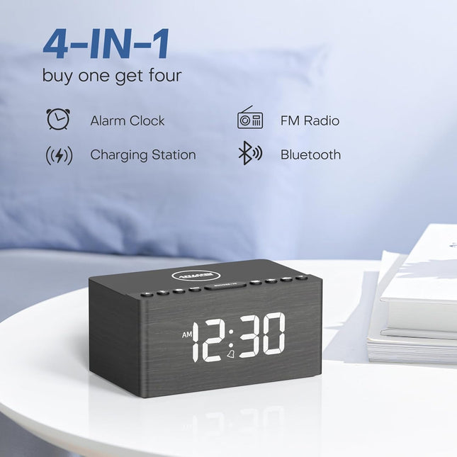 ANJANK Wooden Sound Machine Alarm Clock for Bedroom, Bluetooth Speaker, 20 Soothing Sounds, 0-100% Dimmer, Wireless Char