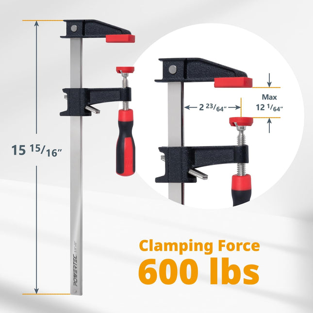 POWERTEC 12 Inch Steel Bar Clamps W/ 600 Lbs Loads Limit & 2-1/2" Throat, Quick Adjust & Release F Clamp with Micro-Adju