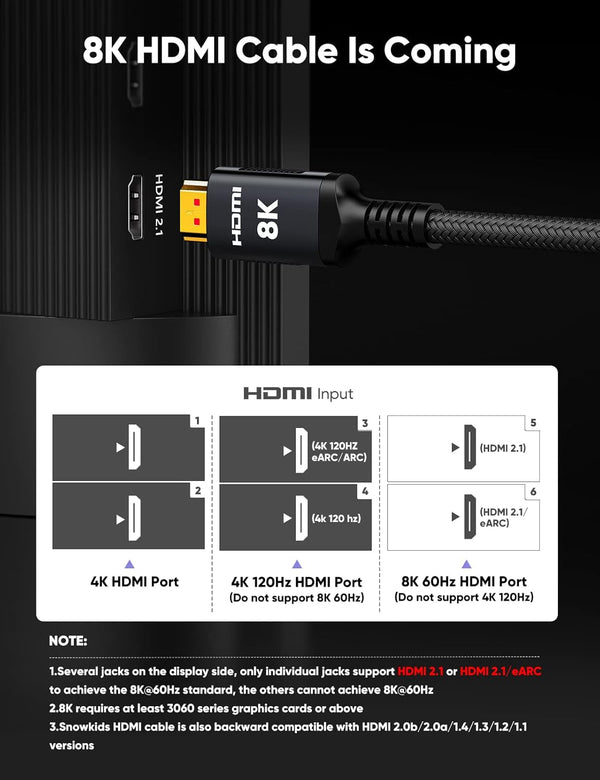 Snowkids 8K HDMI Cable 10ft, Certified 2.1 UHD [4K & Ethernet Support] 10feet Black 1