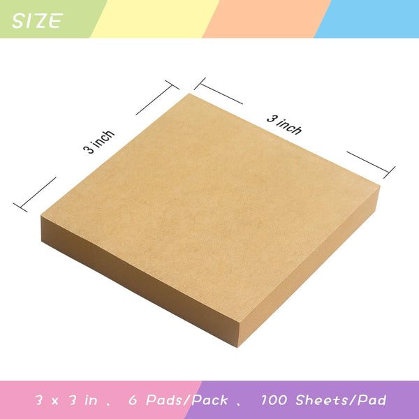 Sticky Notes 3x3 with Bright Colors, 6 Pads 100 Sheets/Pad (Kraft Paper)