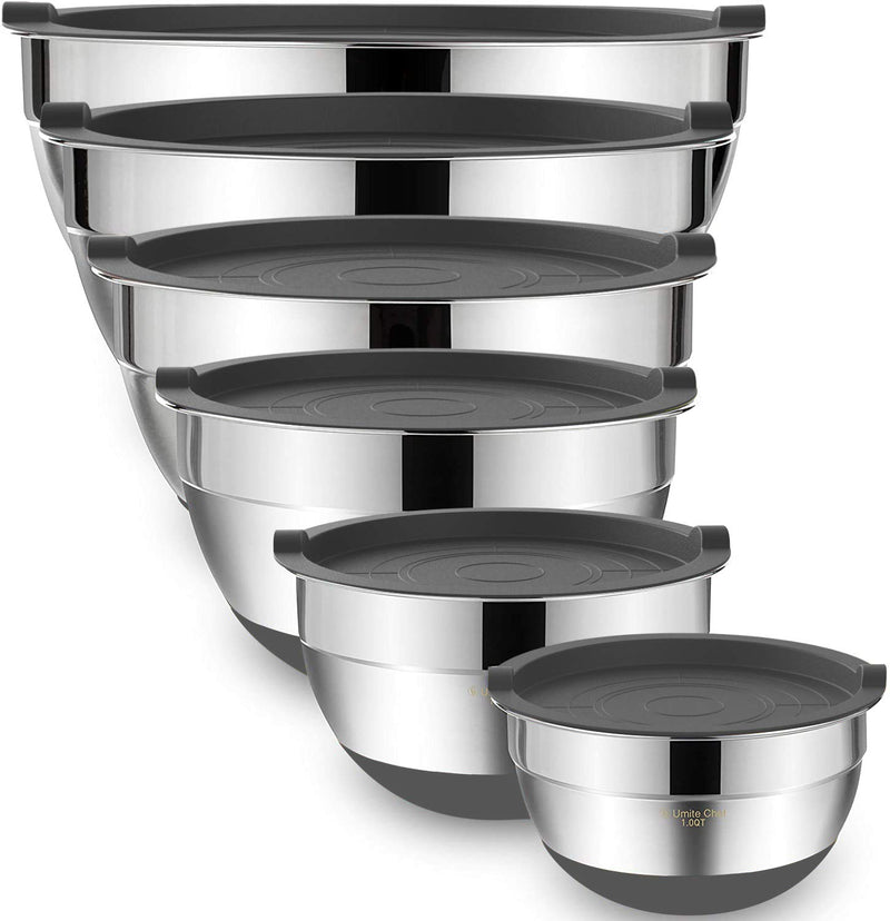 Umite Chef Mixing Bowls with Airtight Lids，6 piece Stainless Steel Metal Nesting Storage Bowls, Non-Slip Bottoms Size 7, 3.5, 2.5, 2.0,1.5, 1QT,