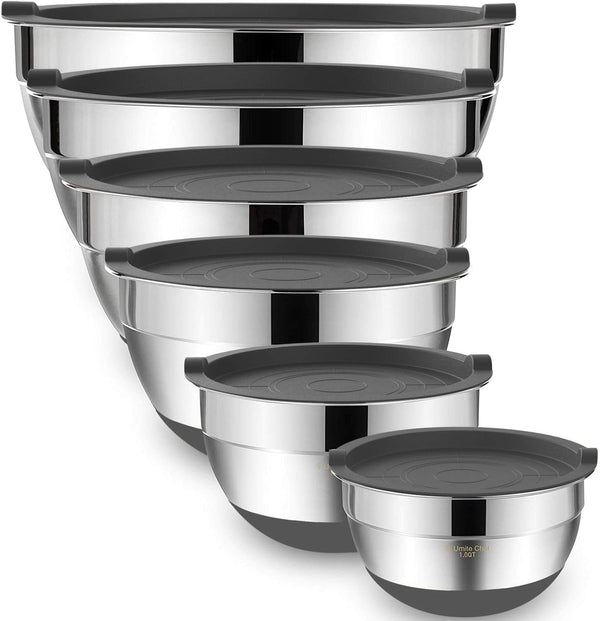 Umite Chef Mixing Bowls with Airtight Lids，6 piece Stainless Steel Metal Nesting Storage Bowls, Non-Slip Bottoms Size 7, 3.5, 2.5, 2.0,1.5, 1QT,